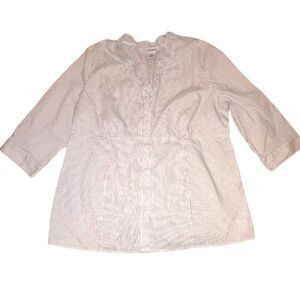 Motherhood Maternity White & Gray Striped 3/4 Sleeve‎ Ruffled Blouse Size XL.